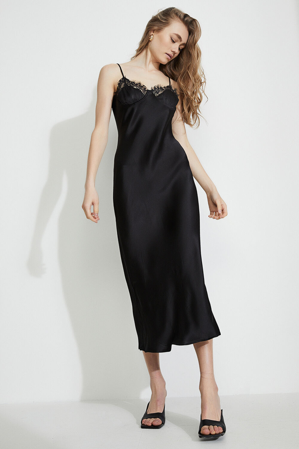 Lace Midi Slip Dress in Black | Bardot